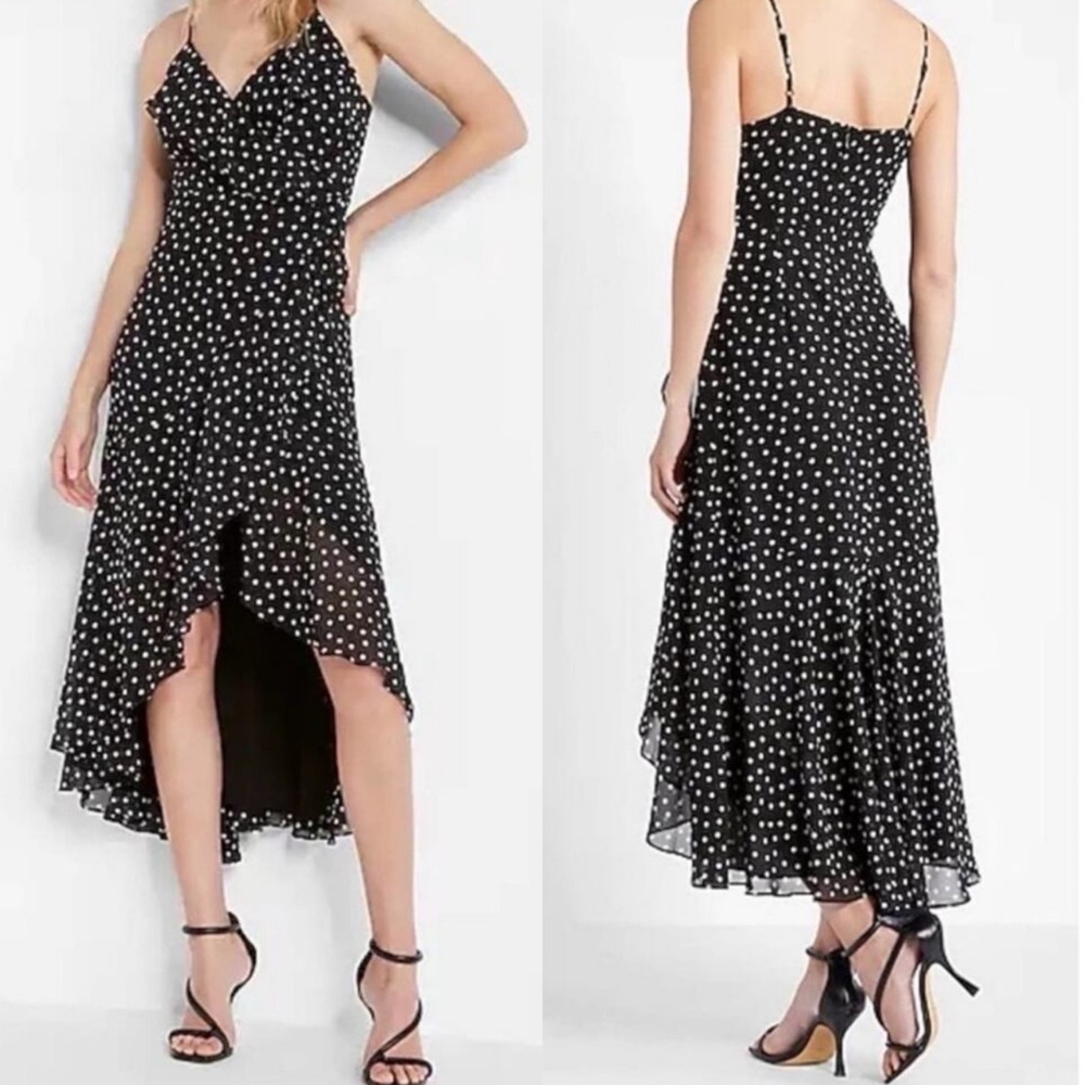 Express Polka Dot Ruffle Wrap Front Hi-Lo Maxi Dress